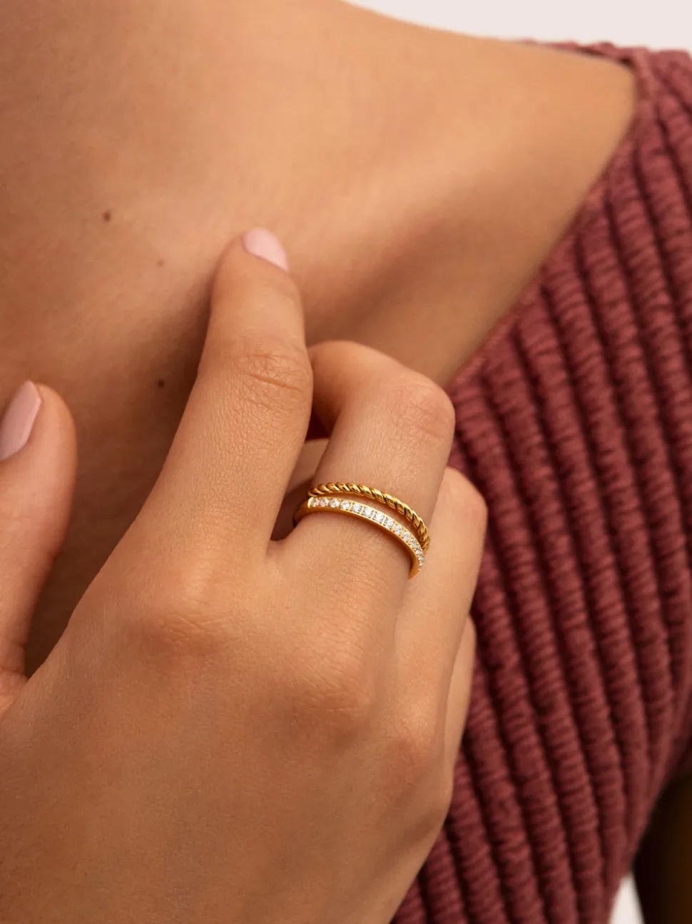 Anillo Doble Tressia Spark Acero Baño Oro