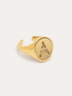 Anillo Personalizado Signet Letter Colors Baño Oro