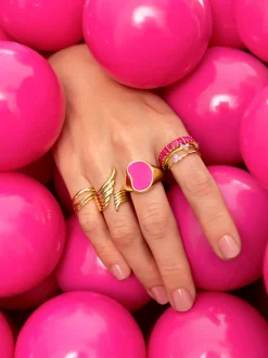 Anillo Signet Bean Neon Pink Enamel Baño Oro
