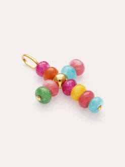 Charm Cruz Color Stones Acero Baño Oro
