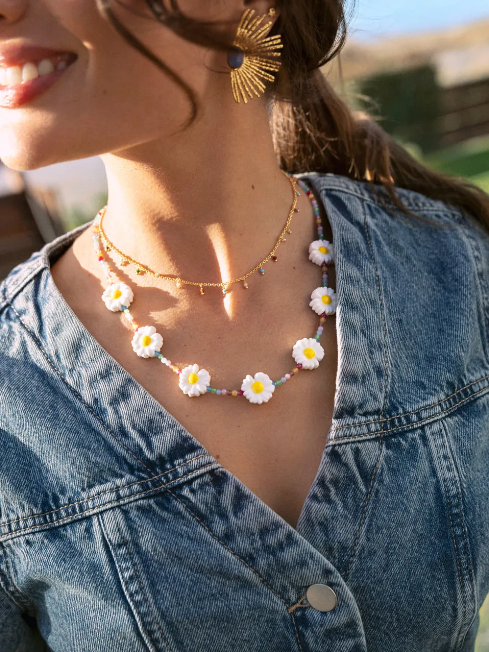 Collar Long Margarita Acero Baño Oro