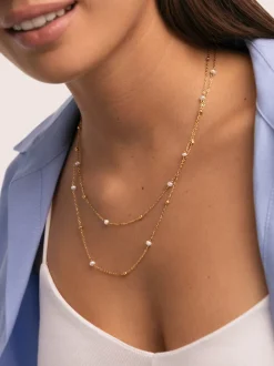 Collar Long Pearl Dots Acero Baño Oro
