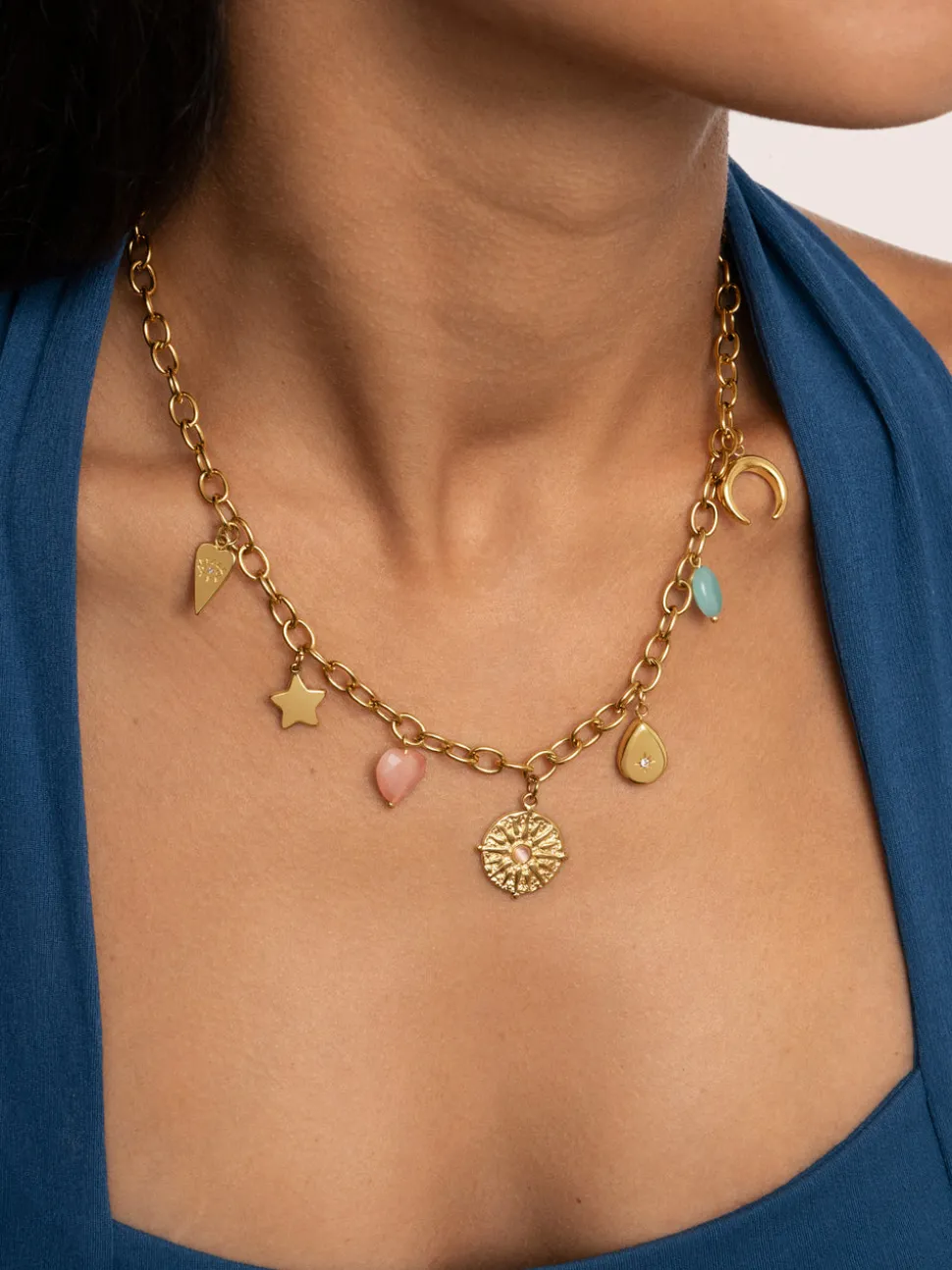 Collar Multicharms Soleil Acero Baño Oro