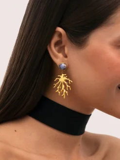 Pendientes Coral Stone Azul Acero Baño Oro