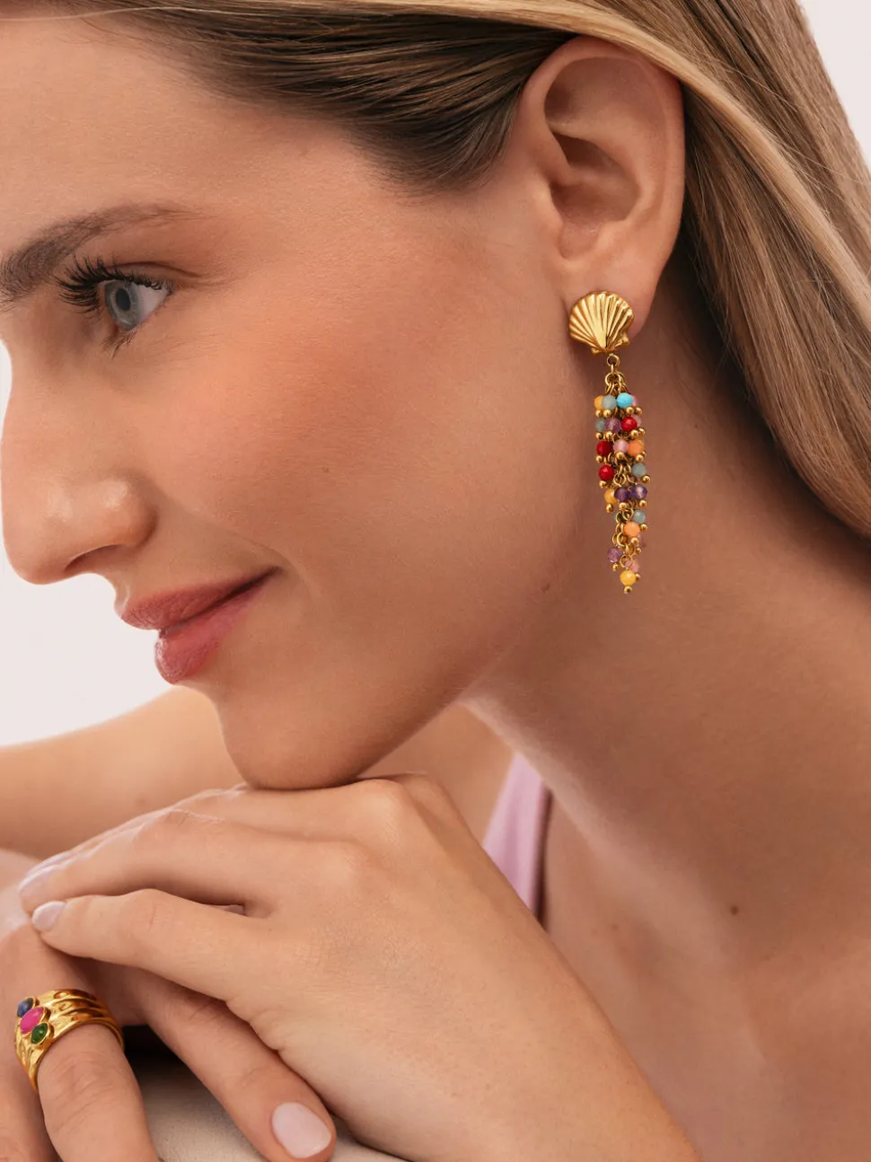 Pendientes Long Coral Acero Baño Oro
